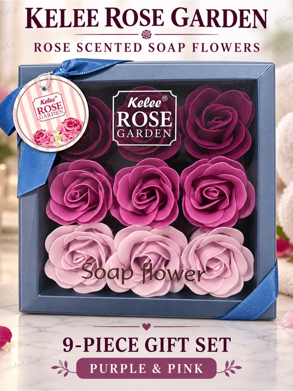 Rose Scented Soap Flowers - Purple & Pink 9-Piece Gift Set